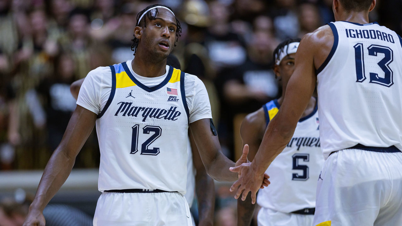WEST LAFAYETTE, IN - NOVEMBER 15: Olivier-Maxence Prosper #12 of the Marquette Golden Eagles is seen during the game against the Purdue Boilermakers at Mackey Arena on November 15, 2022 in West Lafayette, Indiana.