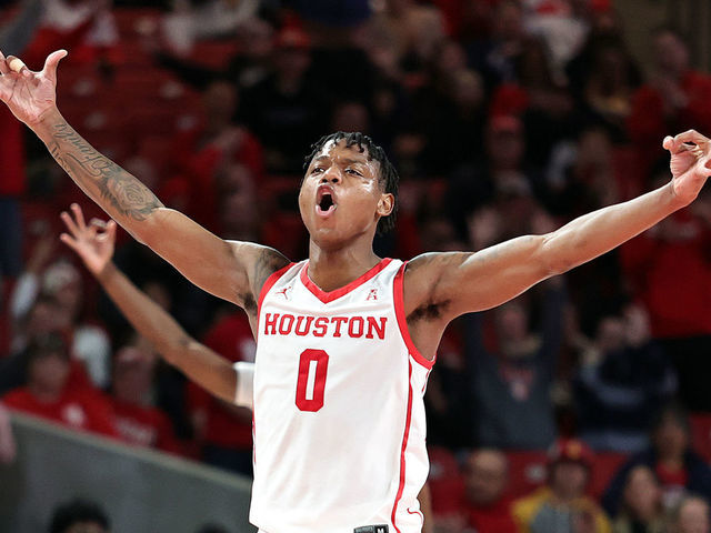 HOUSTON, TEXAS - NOVEMBER 14: Marcus Sasser #0 of the Houston Cougars reacts after a three point basket during the second half against the Oral Roberts Golden Eagles at Fertitta Center on November 14, 2022 in Houston, Texas.
