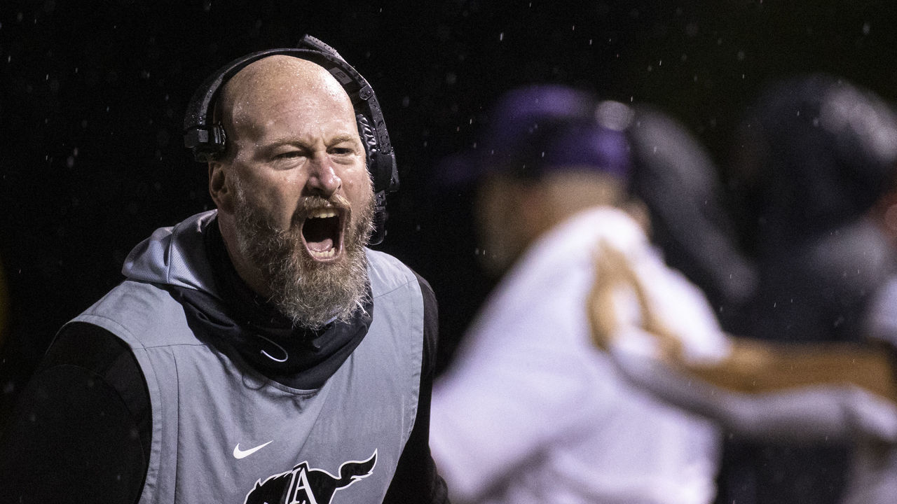 BRENTWOOD, TN - AUGUST 21: Head coach Trent Dilfer of Lipscomb Academy instructs his players during a football game against Brentwood Academy on August 21, 2020 in Brentwood, Tennessee. High school football restarted this week across most of Tennessee despite the coronavirus (COVID-19) pandemic still affecting many parts of the world.