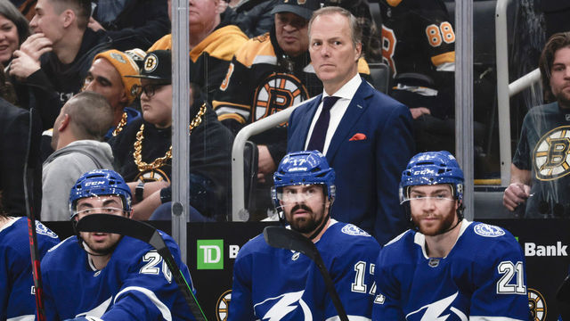 BOSTON, MA - NOVEMBER 29: Tampa Bay Lightning head coach Jon Cooper looks on during a game between the Boston Bruins and the Tampa Bay Lightning on November 29, 2022, at TD Garden in Boston, Massachusetts.