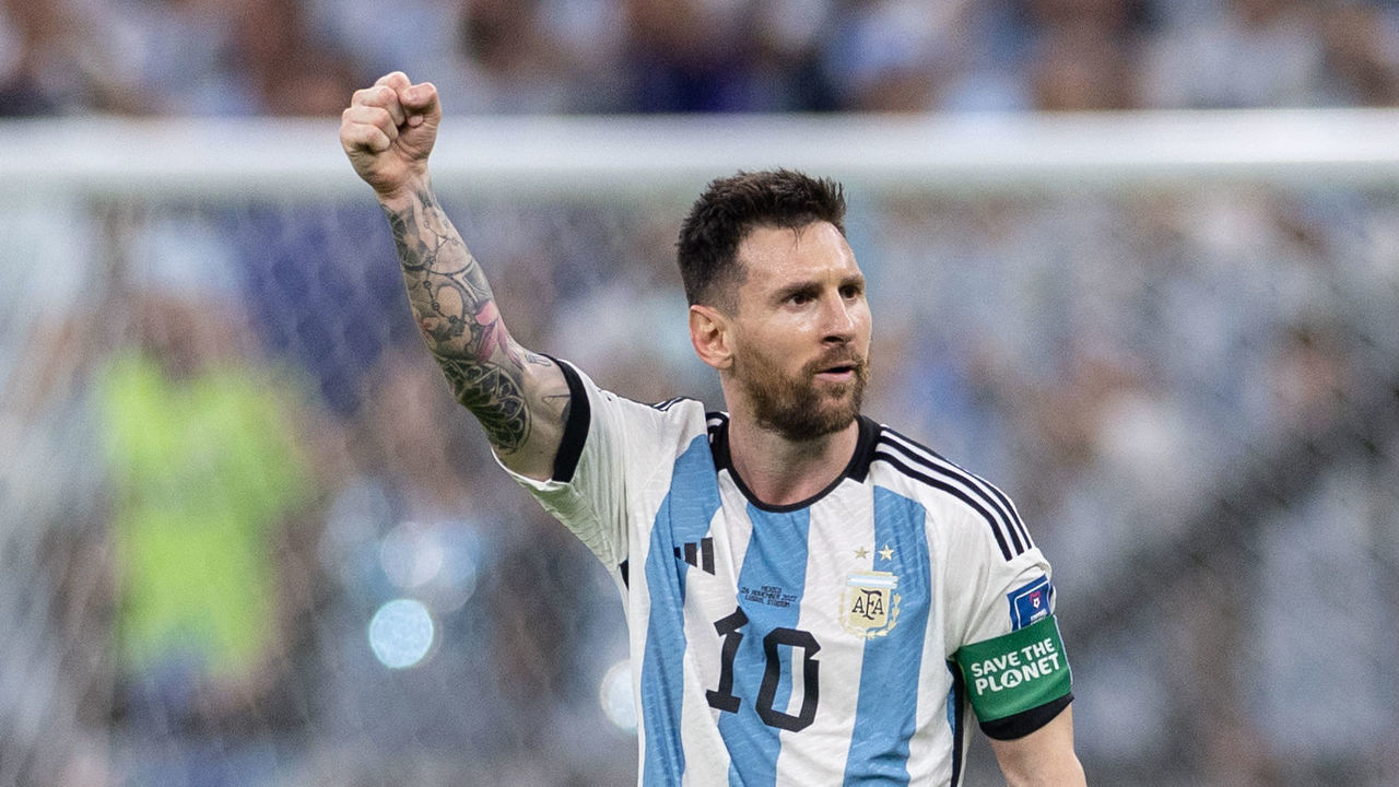 LUSAIL CITY, QATAR - NOVEMBER 26: Lionel Messi of Argentina celebrates scoring the opening goal during the FIFA World Cup Qatar 2022 Group C match between Argentina (2) and Mexico (0) at Lusail Stadium on November 26, 2022 in Lusail City, Qatar.