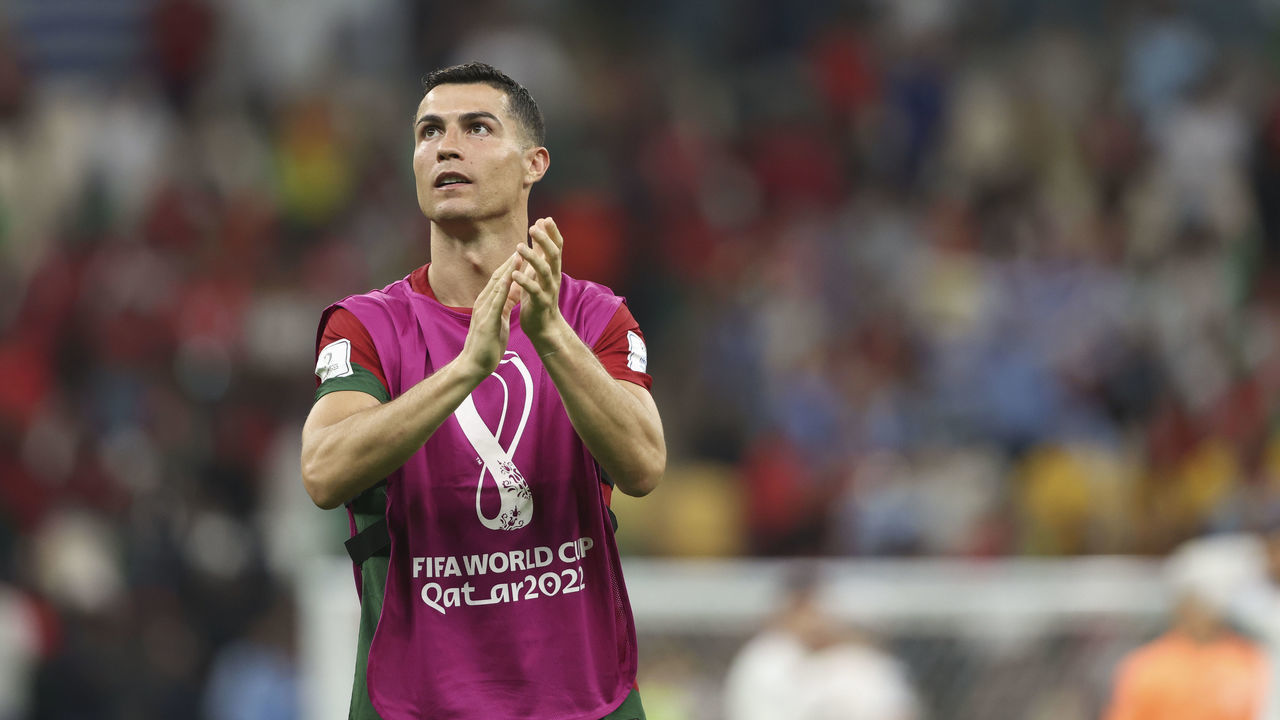 LUSAIL CITY, QATAR - NOVEMBER 28: Cristiano Ronaldo of Portugal celebrates winning the game at full time during the FIFA World Cup Qatar 2022 Group H match between Portugal and Uruguay at Lusail Stadium on November 28, 2022 in Lusail City, Qatar.