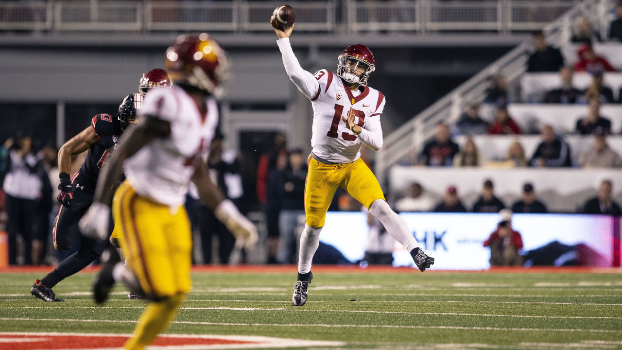 SALT LAKE CITY UT- OCTOBER 15: Caleb Williams #13 of the USC Trojans throws a pass during the second half of their game against the Utah Utes October 15, 2022 Rice-Eccles Stadium in Salt Lake City Utah.