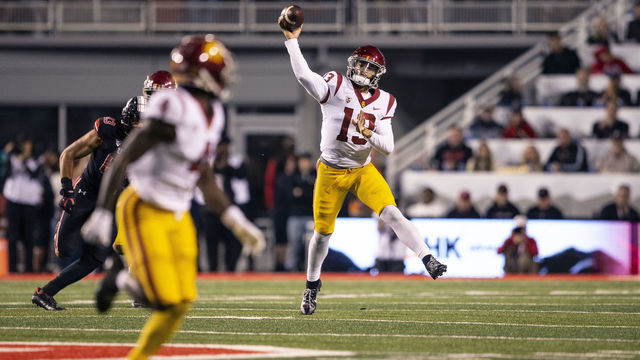 SALT LAKE CITY UT- OCTOBER 15: Caleb Williams #13 of the USC Trojans throws a pass during the second half of their game against the Utah Utes October 15, 2022 Rice-Eccles Stadium in Salt Lake City Utah.