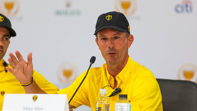 CHARLOTTE, NC - SEPTEMBER 21: International Team Captains Assistant Mike Weir speaks to the media during a press conference during the Presidents Cup on Sep 21, 2022, at Quail Hollow Club in Charlotte, NC.