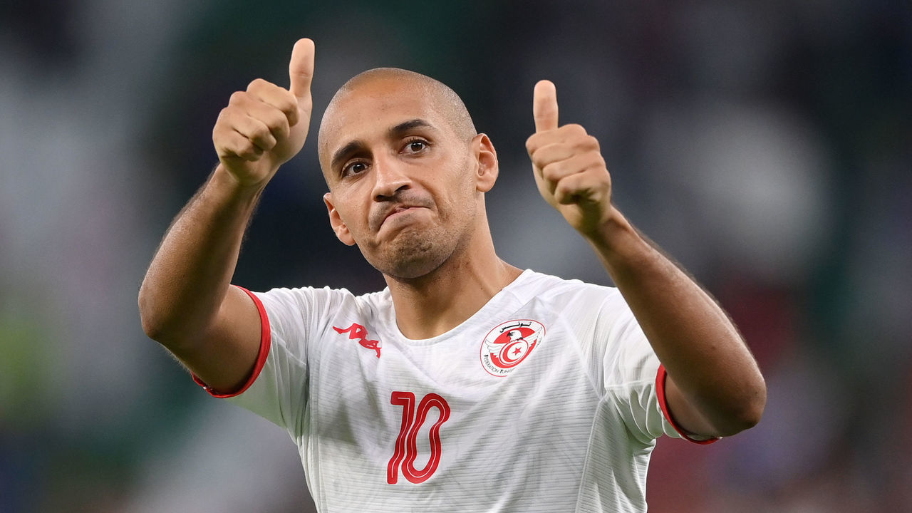 AL RAYYAN, QATAR - NOVEMBER 30: Wahbi Khazri of Tunisia acknowledges the fans after their sides victory during the FIFA World Cup Qatar 2022 Group D match between Tunisia and France at Education City Stadium on November 30, 2022 in Al Rayyan, Qatar.