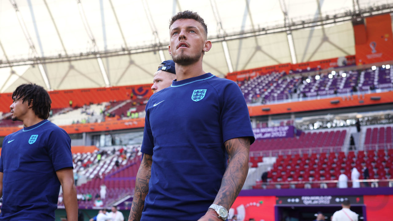 DOHA, QATAR - NOVEMBER 21: Ben White of England inspects the pitch prior to the FIFA World Cup Qatar 2022 Group B match between England and IR Iran at Khalifa International Stadium on November 21, 2022 in Doha, Qatar.