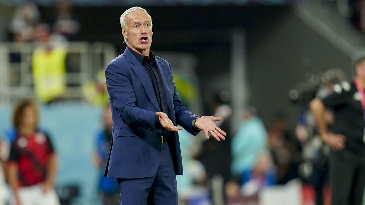 AL RAYYAN, QATAR - NOVEMBER 30: head coach Didier Deschamps of France gestures during the FIFA World Cup Qatar 2022 Group D match between Tunisia and France at Education City Stadium on November 30, 2022 in Al Rayyan, Qatar.