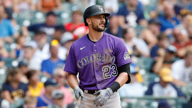 MILWAUKEE, WISCONSIN - JULY 24: Kris Bryant #23 of the Colorado Rockies steps to the plate against the Milwaukee Brewers at American Family Field on July 24, 2022 in Milwaukee, Wisconsin.