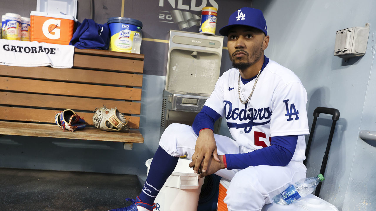 Los Angeles, CA - October 11: Los Angeles Dodgers right fielder Mookie Betts waits in the dugout before game one of the NLDS against the San Diego Padres at Dodger Stadium on Tuesday, Oct. 11, 2022 in Los Angeles, CA.(Robert Gauthier / Los Angeles Times via Getty Images)