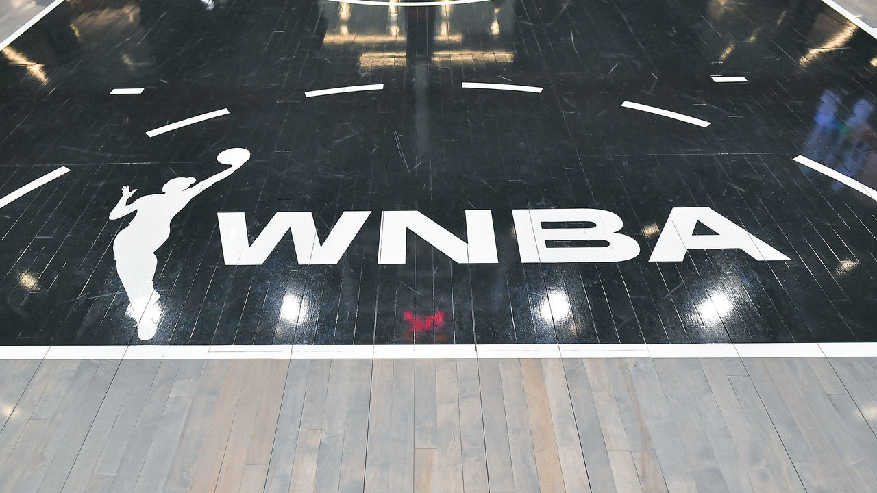 COLLEGE PARK, GA JUNE 26: The WNBA logo on the court during the WNBA game between the Connecticut Sun and the Atlanta Dream on June 26th, 2022 at Gateway Center Arena in College Park, GA.