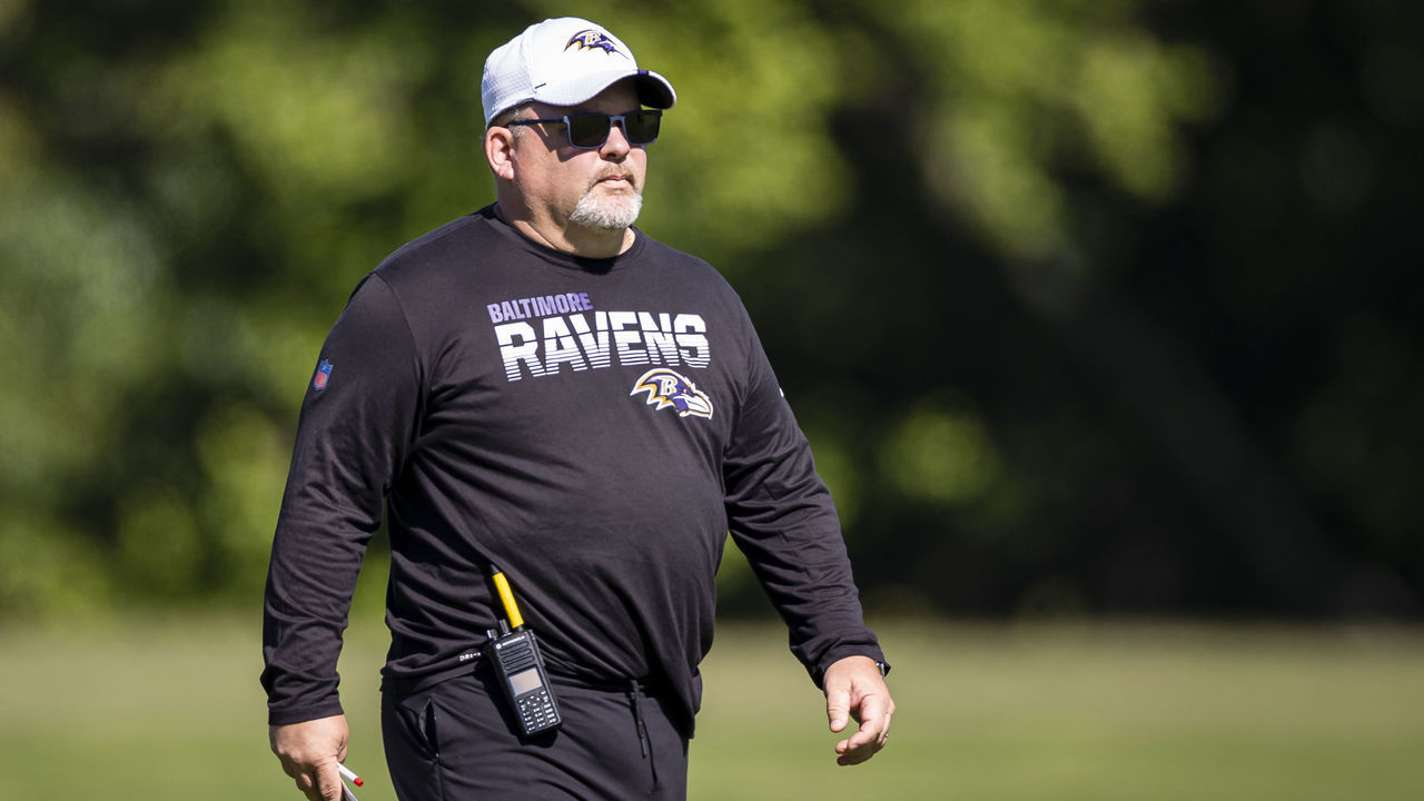 OWINGS MILLS, MD - JUNE 16: Offensive coordinator Greg Roman of the Baltimore Ravens looks on during mandatory minicamp at Under Armour Performance Center on June 16, 2021 in Owings Mills, Maryland.