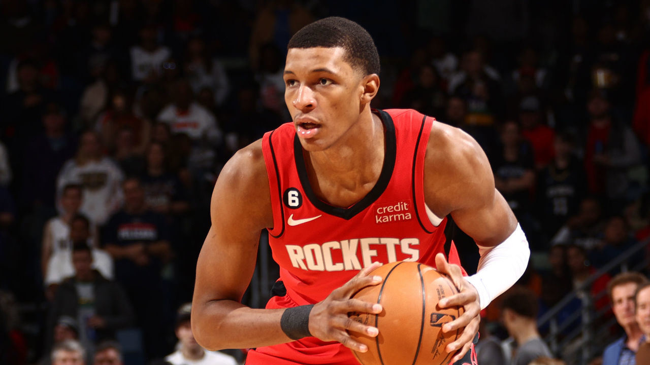 NEW ORLEANS, LA - NOVEMBER 12: Jabari Smith Jr. #1 of the Houston Rockets handles the ball during the game against the New Orleans Pelicans on November 12, 2022 at the Smoothie King Center in New Orleans, Louisiana. Mandatory Copyright Notice: Copyright 2022 NBAE