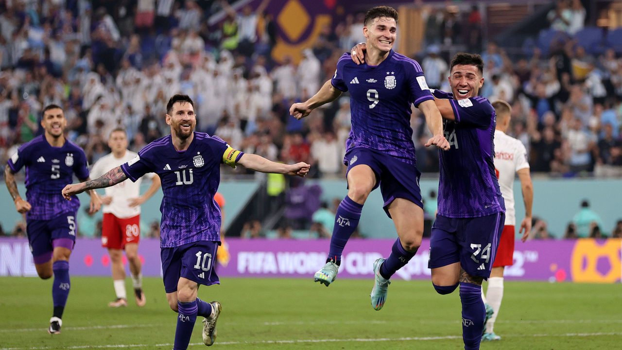 DOHA, QATAR - NOVEMBER 30: Julian Alvarez of Argentina celebrates after scoring their team's second goal during the FIFA World Cup Qatar 2022 Group C match between Poland and Argentina at Stadium 974 on November 30, 2022 in Doha, Qatar.