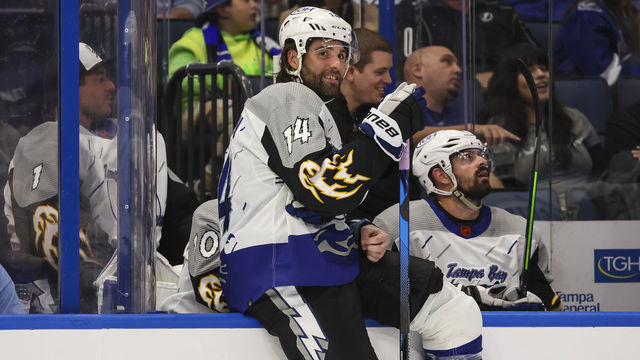 TAMPA, FL - NOVEMBER 17: Pat Maroon #14 of the Tampa Bay Lightning skates against the Calgary Flames during the second period at Amalie Arena on November 17, 2022 in Tampa, Florida.