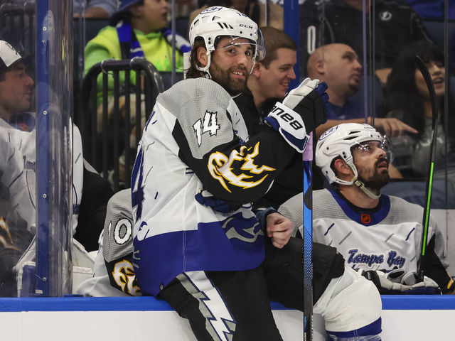 TAMPA, FL - NOVEMBER 17: Pat Maroon #14 of the Tampa Bay Lightning skates against the Calgary Flames during the second period at Amalie Arena on November 17, 2022 in Tampa, Florida.
