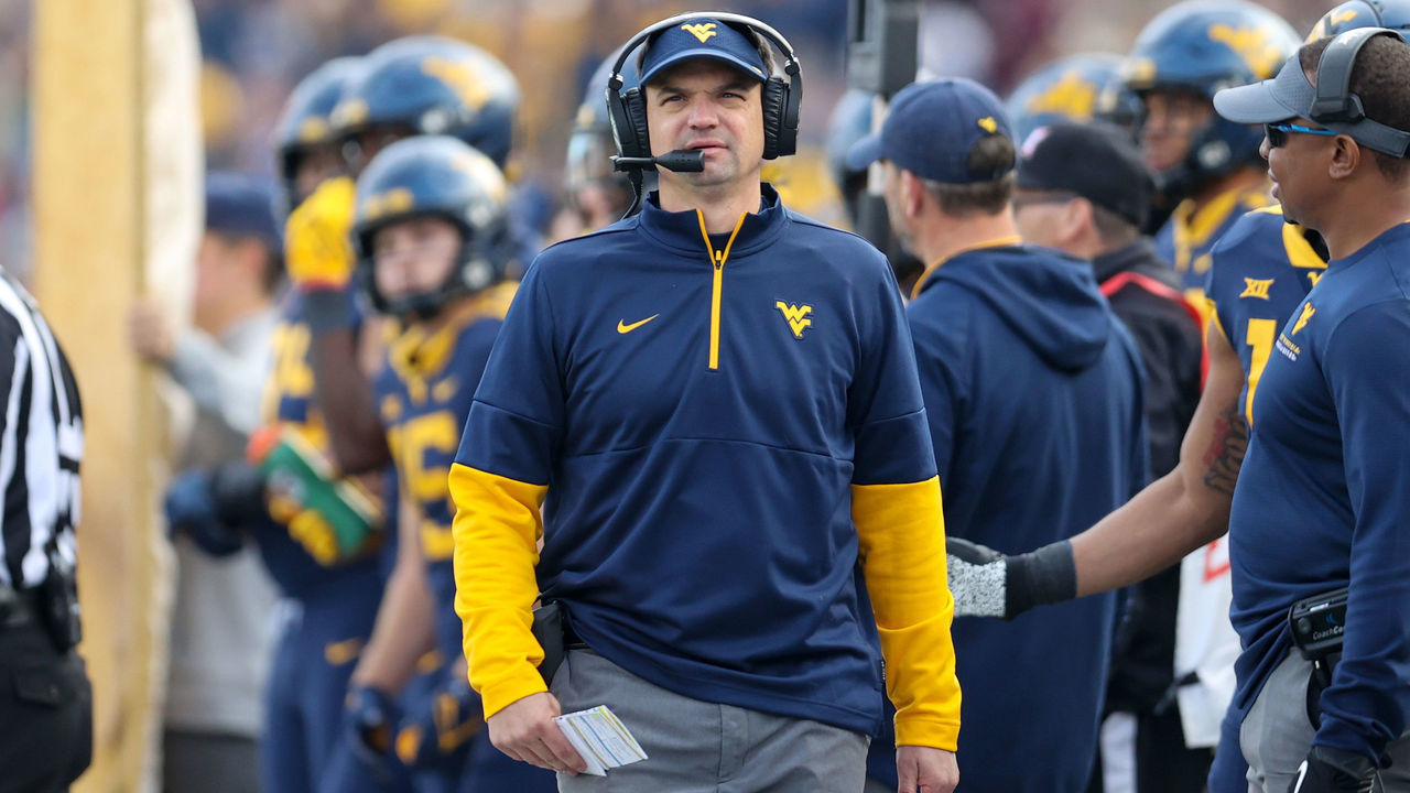 MORGANTOWN, WV - NOVEMBER 20: West Virginia Mountaineers head coach Neal Brown on the sideline during the fourth quarter of the college football game between the Texas Longhorns and the West Virginia Mountaineers on November 20, 2021, at Mountaineer Field at Milan Puskar Stadium in Morgantown, WV.