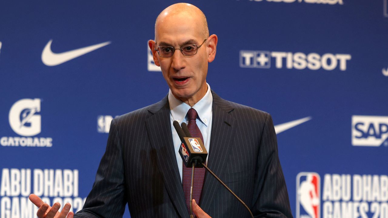NBA Commissioner Adam Silver speaks during a presser ahead of the NBA pre-season basketball match between the Milwaukee Bucks and the Atlanta Hawks at the Etihad Arena on Yas Island in Abu Dhabi, on October 6, 2022.