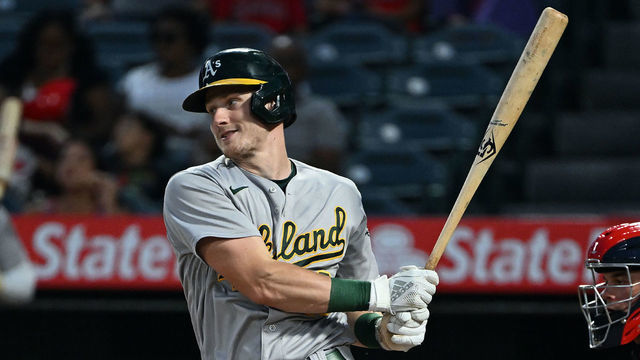 ANAHEIM, CA - SEPTEMBER 28: Oakland Athletics catcher Sean Murphy (12) during an at bat in an MLB baseball game against the Los Angeles Angels played on September 28, 2022 at Angel Stadium in Anaheim, CA.