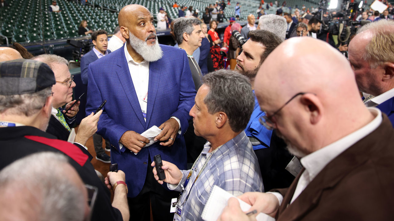 HOUSTON, TX - OCTOBER 28: Major League Baseball Players Associate Executive Director Tony Clark talks to media on field before Game 1 of the 2022 World Series between the Philadelphia Phillies and the Houston Astros at Minute Maid Park on Friday, October 28, 2022 in Houston, Texas.