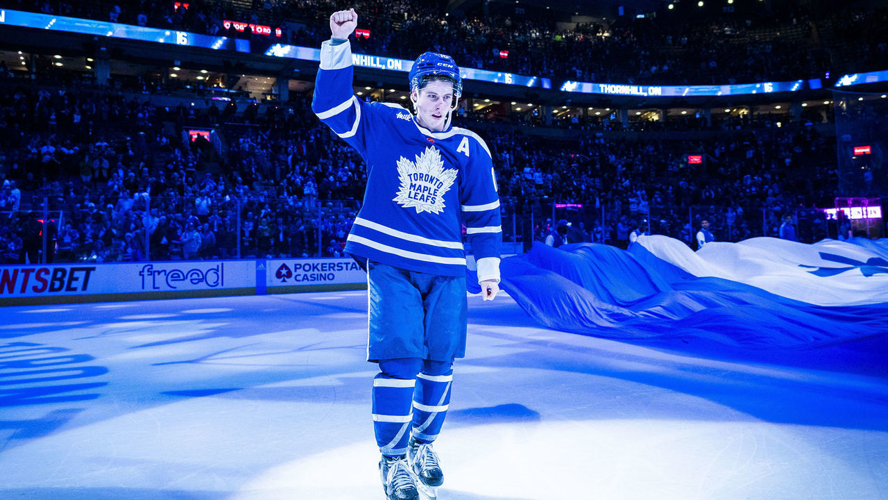 TORONTO, ON - NOVEMBER 30: Mitchell Marner #16 of the Toronto Maple Leafs salutes the crowd after receiving a star of the game after defeating the San Jose Sharks at the Scotiabank Arena on November 30, 2022 in Toronto, Ontario, Canada. Mitchell Marner #16 extends his points streak to 18 games, tying the franchise record.