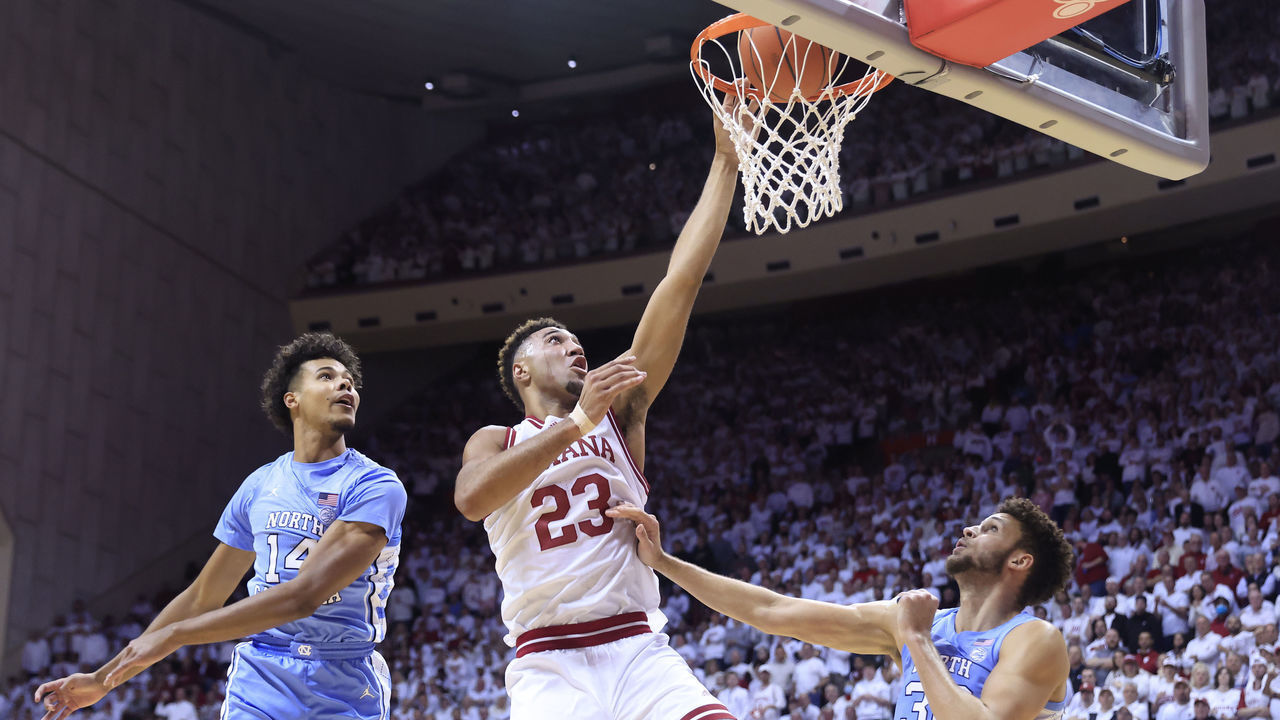 BLOOMINGTON, INDIANA - NOVEMBER 30: Trayce Jackson-Davis #23 of the Indiana Hoosiers dunks the ball during the first half in the game against the North Carolina Tar Heels at Simon Skjodt Assembly Hall on November 30, 2022 in Bloomington, Indiana.