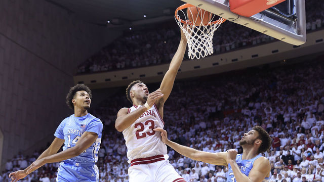 BLOOMINGTON, INDIANA - NOVEMBER 30: Trayce Jackson-Davis #23 of the Indiana Hoosiers dunks the ball during the first half in the game against the North Carolina Tar Heels at Simon Skjodt Assembly Hall on November 30, 2022 in Bloomington, Indiana.