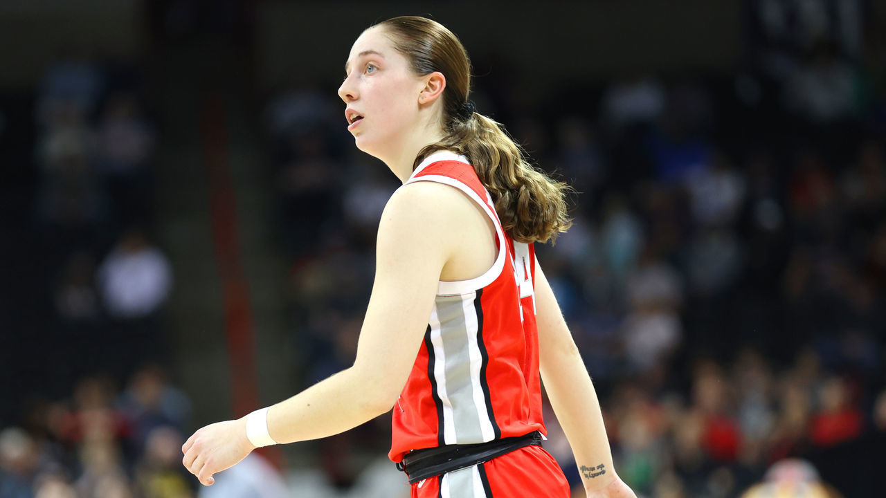 SPOKANE, WASHINGTON - MARCH 25: Taylor Mikesell #24 of the Ohio State Buckeyes reacts against the Texas Longhorns during the second quarter during the Sweet Sixteen round of the NCAA Women's Basketball Tournament at Spokane Veterans Memorial Arena on March 25, 2022 in Spokane, Washington.