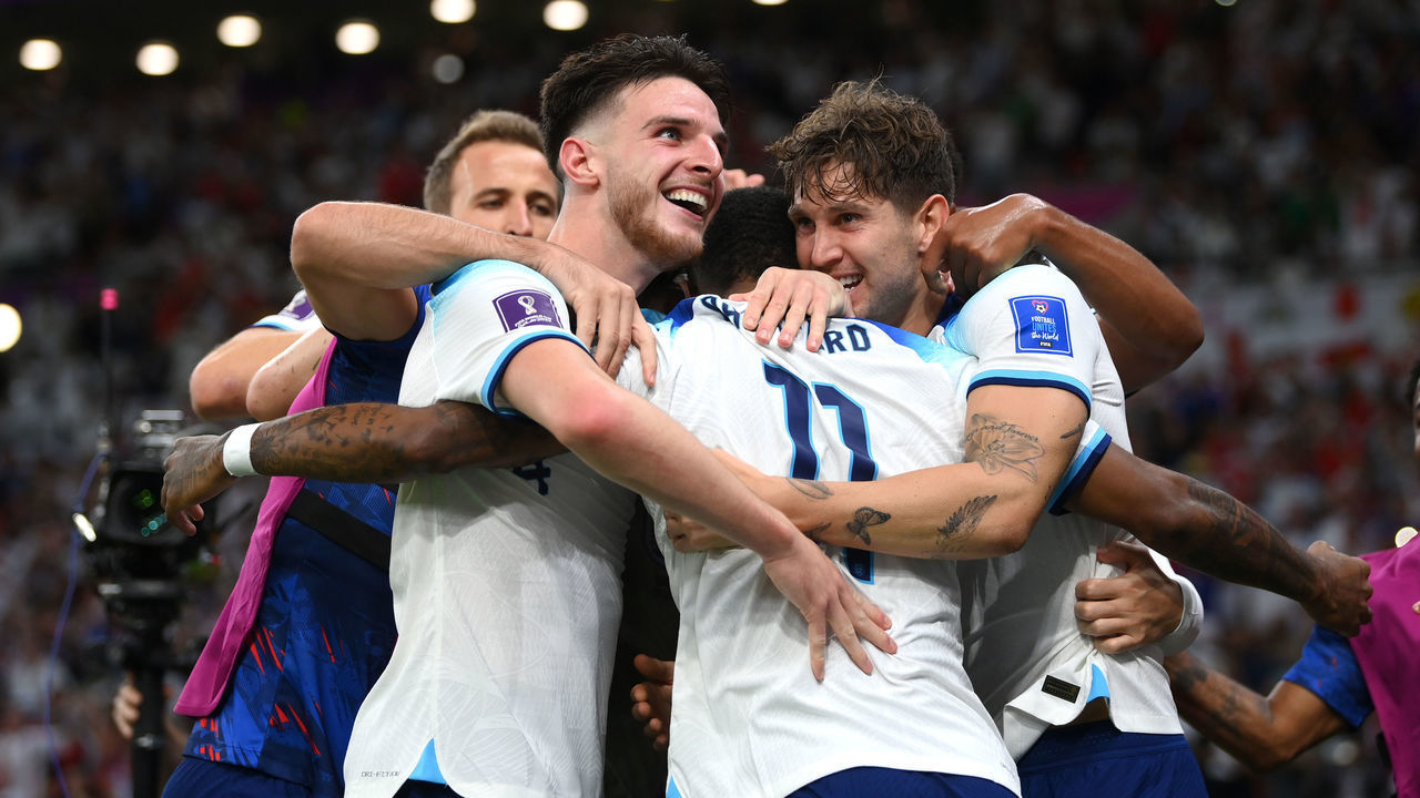 DOHA, QATAR - NOVEMBER 29: Declan Rice of England celebrates after team mate Marcus Rashford scores during the FIFA World Cup Qatar 2022 Group B match between Wales and England at Ahmad Bin Ali Stadium on November 29, 2022 in Doha, Qatar.