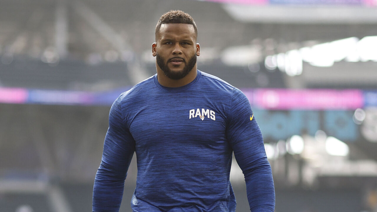 INGLEWOOD, CALIFORNIA - OCTOBER 09: Aaron Donald #99 of the Los Angeles Rams warms up prior to an NFL football game between the Los Angeles Rams and the Dallas Cowboys at SoFi Stadium on October 09, 2022 in Inglewood, California.