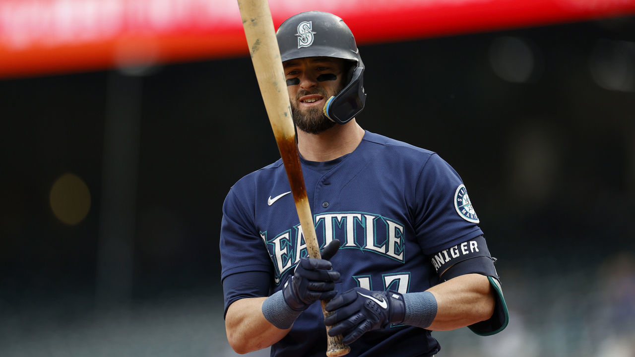 SEATTLE, WASHINGTON - OCTOBER 04: Mitch Haniger #17 of the Seattle Mariners at bat during the first inning against the Detroit Tigers at T-Mobile Park on October 04, 2022 in Seattle, Washington.
