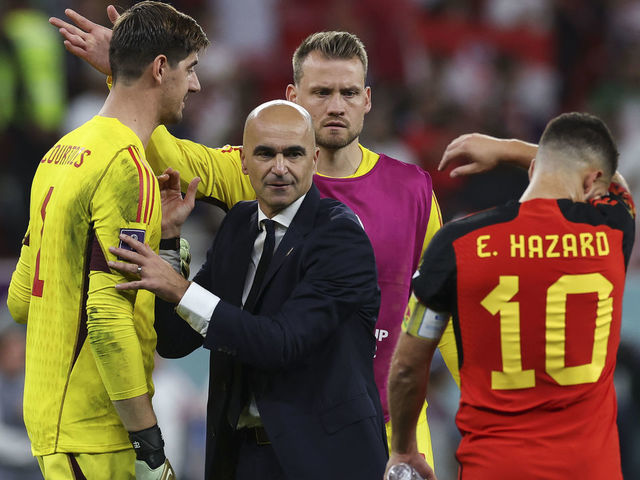 DOHA, QATAR - DECEMBER 01: Belgium head coach Roberto Martinez is seen at full time with Thibaut Courtois of Belgium during the FIFA World Cup Qatar 2022 Group F match between Croatia and Belgium at Ahmad Bin Ali Stadium on December 01, 2022 in Doha, Qatar.