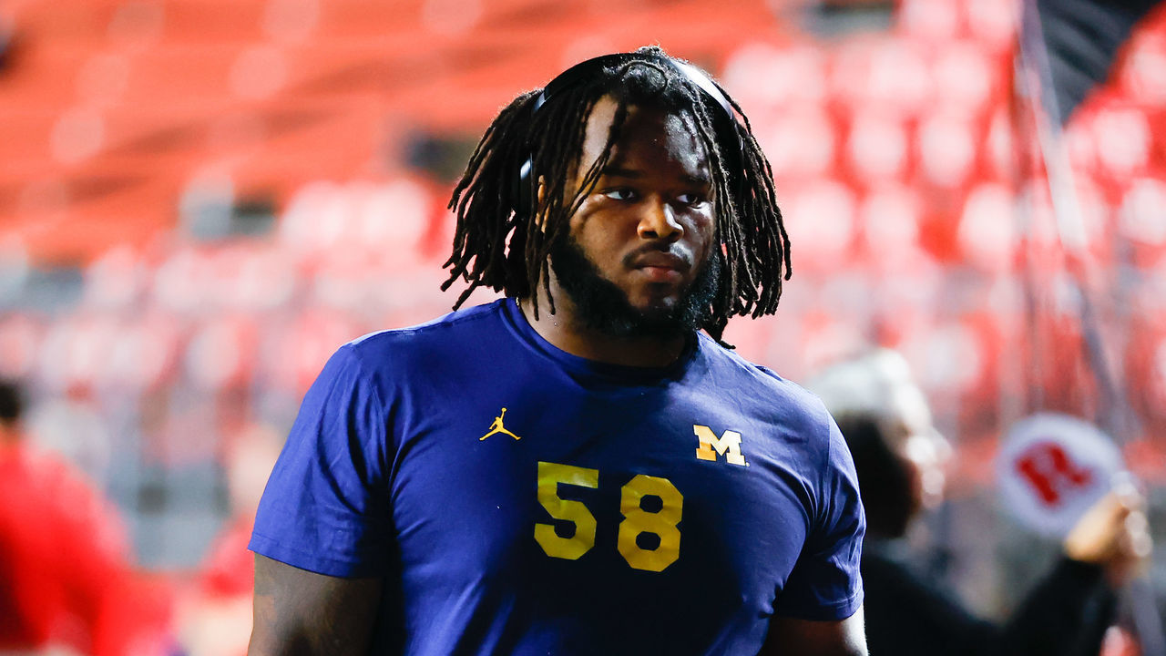 PISCATAWAY, NJ - NOVEMBER 05: Michigan Wolverines defensive lineman Mazi Smith (58) prior to the college football game against the Rutgers Scarlet Knights on November 5, 2022 at SHI Stadium in Piscataway, New Jersey.