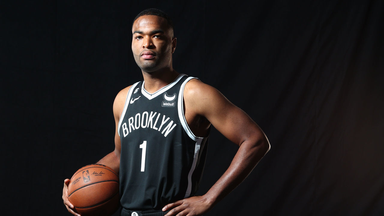 BROOKLYN, NY - SEPTEMBER 26: T.J. Warren #1 of the Brooklyn Nets poses for a portrait on September 26, 2022 during NBA Media Day at HSS Training Center in Brooklyn, New York. Mandatory Copyright Notice: Copyright 2022 NBAE