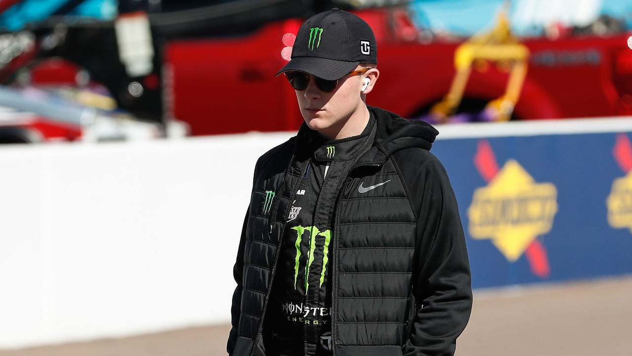 AVONDALE, AZ - NOVEMBER 05: Ty Gibbs (#54 Joe Gibbs Racing Monster Energy Toyota) looks on before qualifying for the NASCAR Xfinity Championship Race on November 5, 2022 at Phoenix Raceway in Avondale, Arizona.