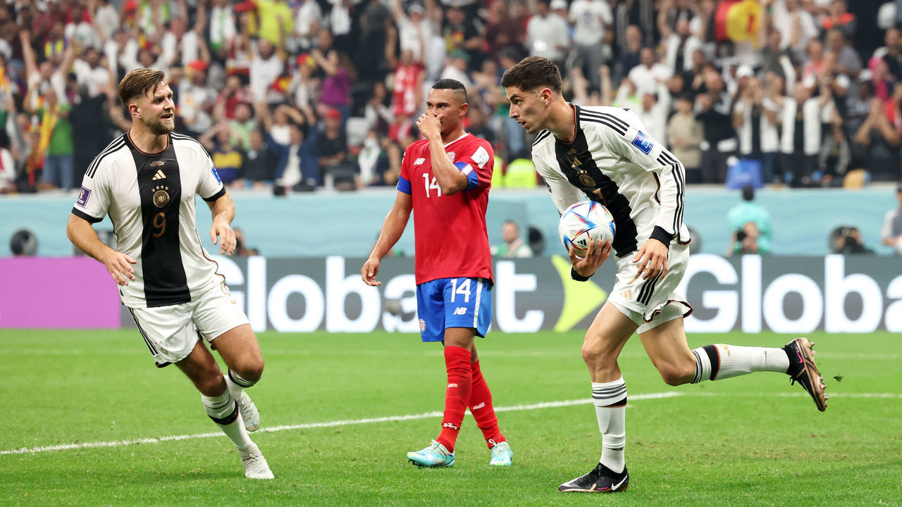 AL KHOR, QATAR - DECEMBER 01: Kai Havertz of Germany celebrates after scoring the team's third goal during the FIFA World Cup Qatar 2022 Group E match between Costa Rica and Germany at Al Bayt Stadium on December 01, 2022 in Al Khor, Qatar.