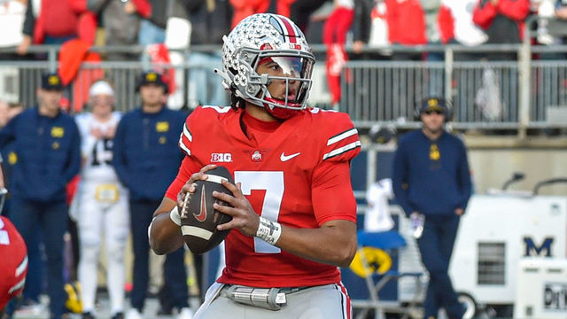 COLUMBUS, OHIO - NOVEMBER 26: C.J. Stroud #7 of the Ohio State Buckeyes looks to throw a pass during the second half of a college football game against the Michigan Wolverines at Ohio Stadium on November 26, 2022 in Columbus, Ohio. The Michigan Wolverines won the game 45-23 over the Ohio State Buckeyes and clinched the Big Ten East Title.