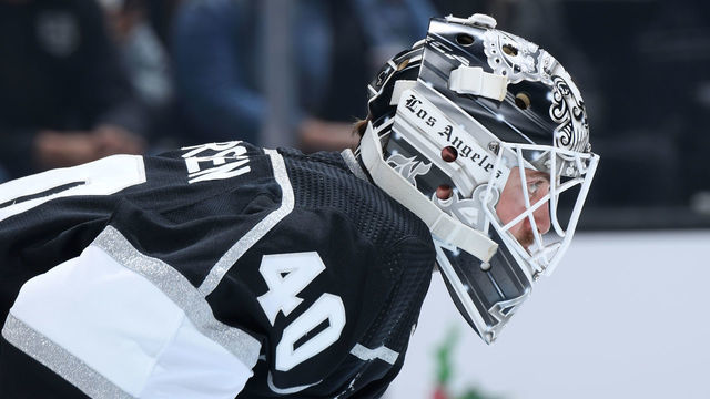 LOS ANGELES, CA - NOVEMBER 29: Cal Petersen #40 of the Los Angeles Kings protects the goal during the second period against the Seattle Kraken at Crypto.com Arena on November 29, 2022 in Los Angeles, California.