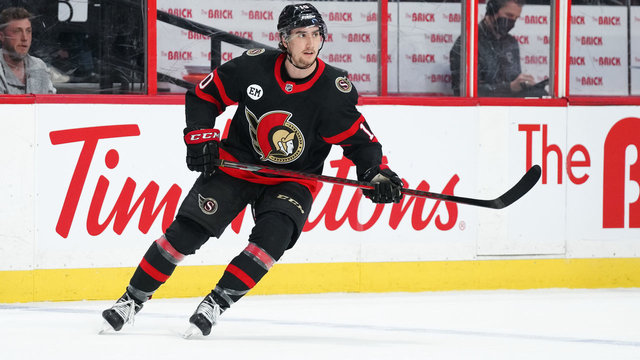 OTTAWA, ON - APRIL 26: Alex Formenton #10 of the Ottawa Senators skates against the New Jersey Devils at Canadian Tire Centre on April 26, 2022 in Ottawa, Ontario, Canada.