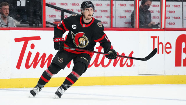 OTTAWA, ON - APRIL 26: Alex Formenton #10 of the Ottawa Senators skates against the New Jersey Devils at Canadian Tire Centre on April 26, 2022 in Ottawa, Ontario, Canada.