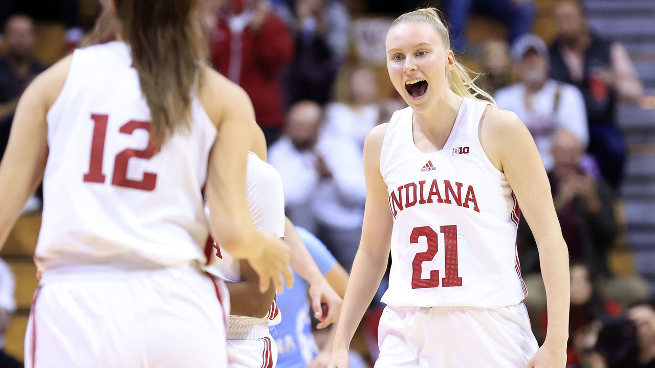 BLOOMINGTON, INDIANA - DECEMBER 01: Henna Sandvik #21 of the Indiana Hoosiers reacts after a play during the second half of the game against the North Carolina Tar Heels at Simon Skjodt Assembly Hall on December 01, 2022 in Bloomington, Indiana.