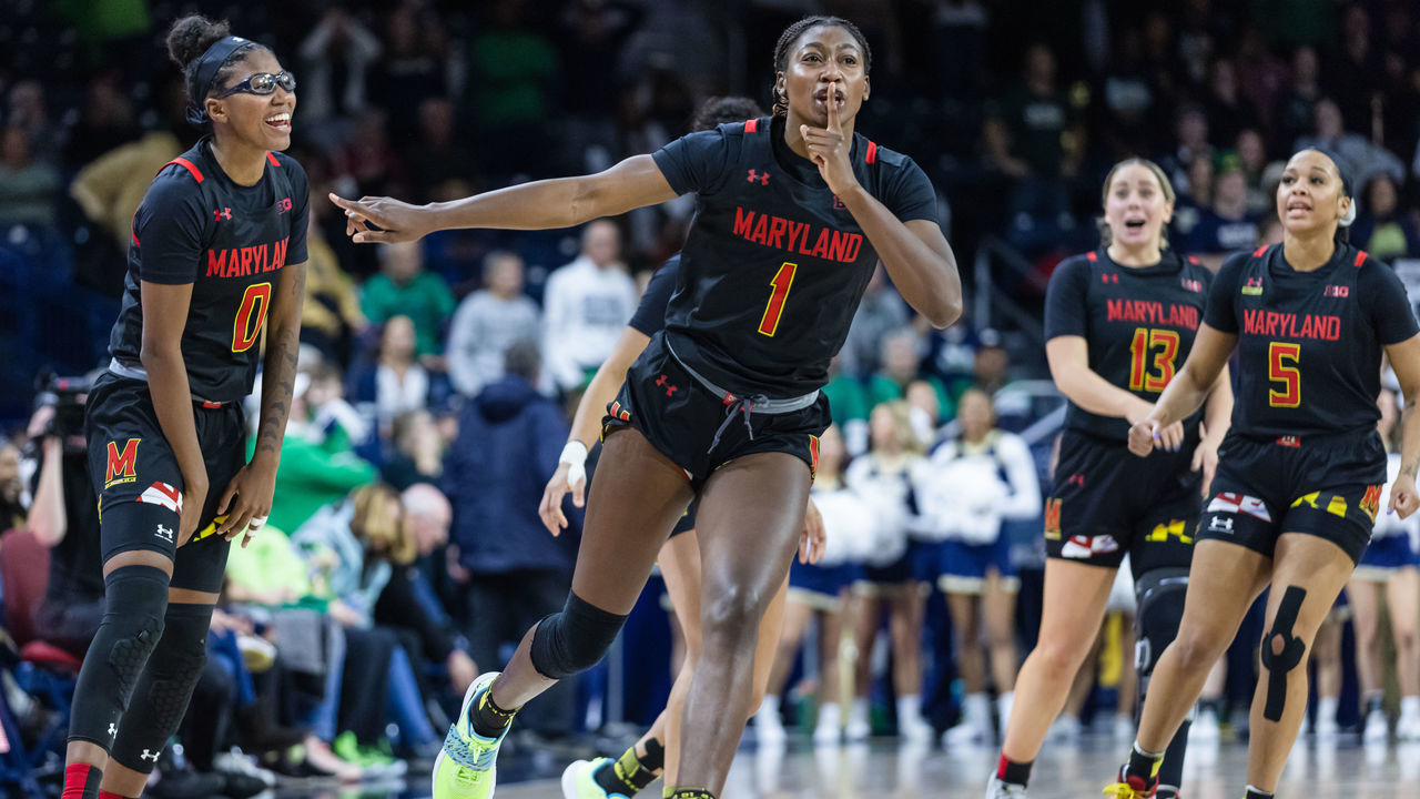 SOUTH BEND, IN - DECEMBER 01: Diamond Miller #1 of the Maryland Terrapins reacts after hitting a buzzer beating game winning shot against the Notre Dame Fighting Irish at Joyce Center on December 1, 2022 in South Bend, Indiana.
