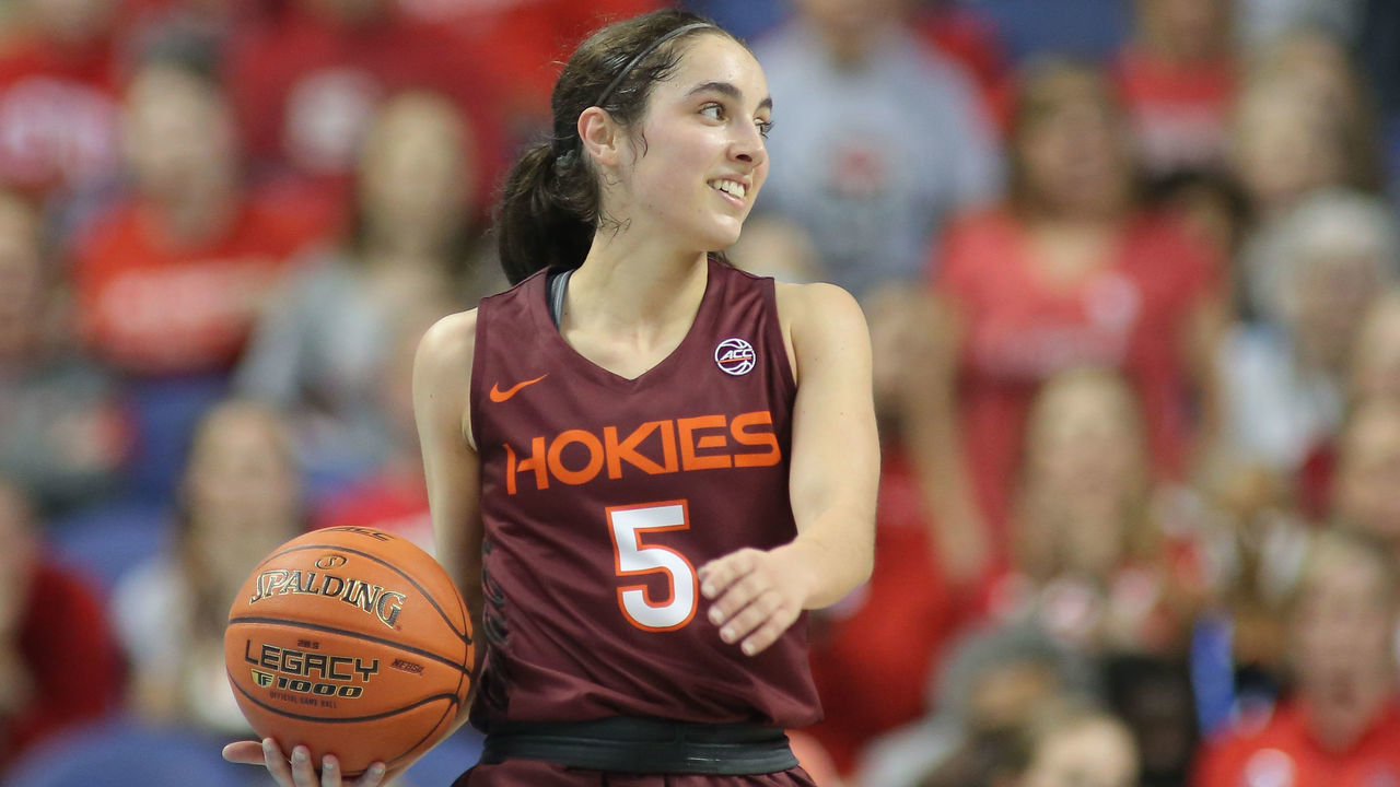 GREENSBORO, NC - MARCH 05: Virginia Tech Hokies guard Georgia Amoore (5) brings the ball up court during the ACC Tournament semifinal game between the Virginia Tech Hokies and NC State Wolfpack on March 5, 2022 at Greensboro Coliseum.