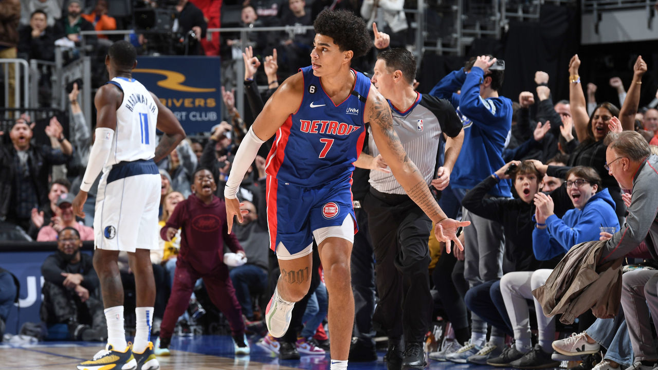 DETROIT, MI - DECEMBER 1: Killian Hayes #7 of the Detroit Pistons celebrates a three point basket during the game against the Dallas Mavericks on December 1, 2022 at Little Caesars Arena in Detroit, Michigan. NOTE TO USER: User expressly acknowledges and agrees that, by downloading and/or using this photograph, User is consenting to the terms and conditions of the Getty Images License Agreement. Mandatory Copyright Notice: Copyright 2022 NBAE