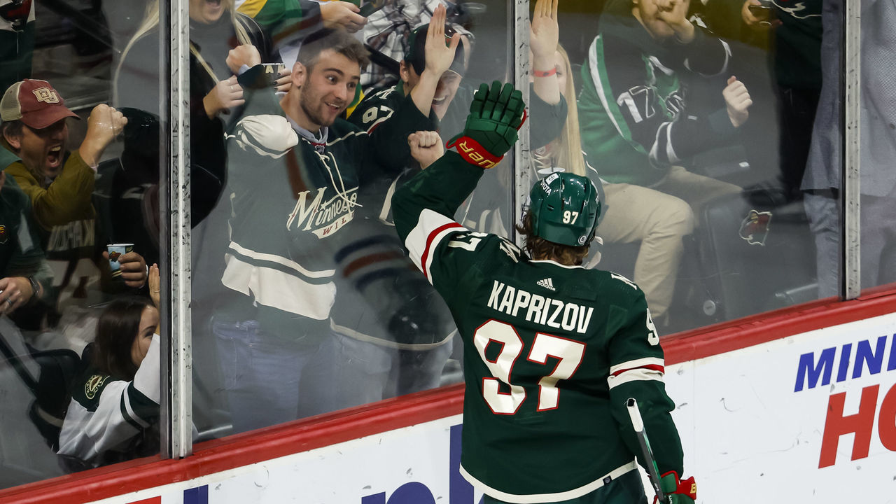 ST PAUL, MN - DECEMBER 01: Kirill Kaprizov #97 of the Minnesota Wild celebrates his goal against the Edmonton Oilers in the second period of the game at Xcel Energy Center on December 1, 2022 in St Paul, Minnesota.