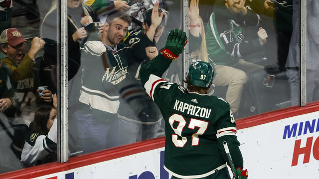 ST PAUL, MN - DECEMBER 01: Kirill Kaprizov #97 of the Minnesota Wild celebrates his goal against the Edmonton Oilers in the second period of the game at Xcel Energy Center on December 1, 2022 in St Paul, Minnesota.