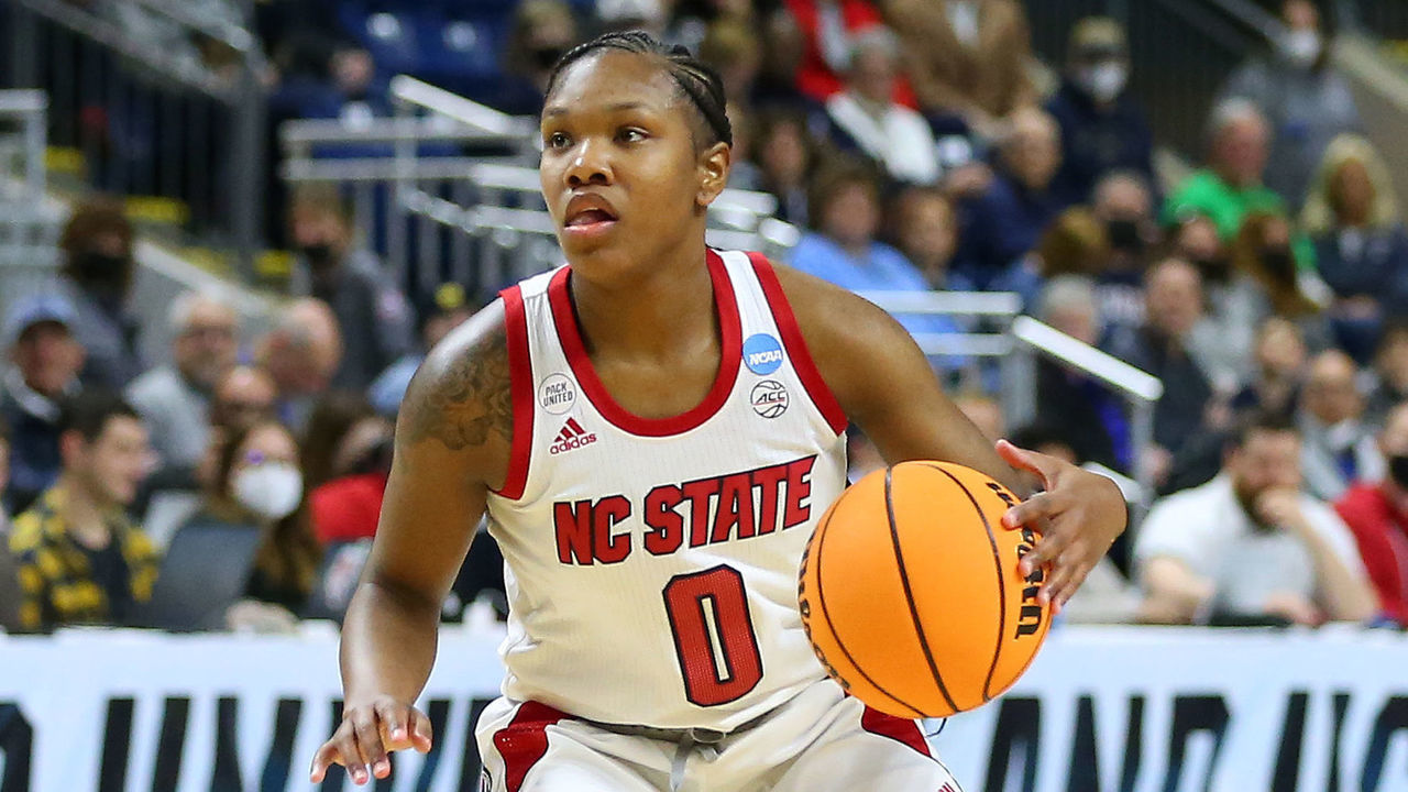 BRIDGEPORT, CT - MARCH 26: NC State Wolfpack guard Diamond Johnson (0) and Notre Dame Fighting Irish guard Abby Prohaska (12) in action during the sweet sixteen of the Women's Div I NCAA Basketball Championship between NC State Wolfpack and Notre Dame Fighting Irish on March 26, 2022, at Total Mortgage Arena in Bridgeport, CT.