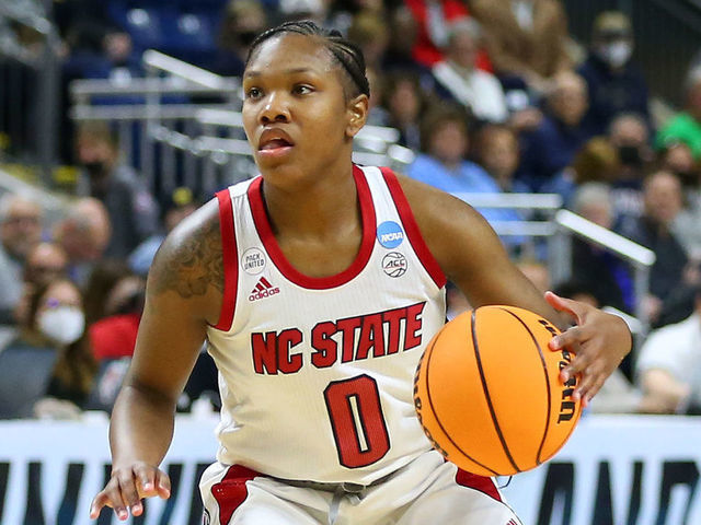 BRIDGEPORT, CT - MARCH 26: NC State Wolfpack guard Diamond Johnson (0) and Notre Dame Fighting Irish guard Abby Prohaska (12) in action during the sweet sixteen of the Women's Div I NCAA Basketball Championship between NC State Wolfpack and Notre Dame Fighting Irish on March 26, 2022, at Total Mortgage Arena in Bridgeport, CT.