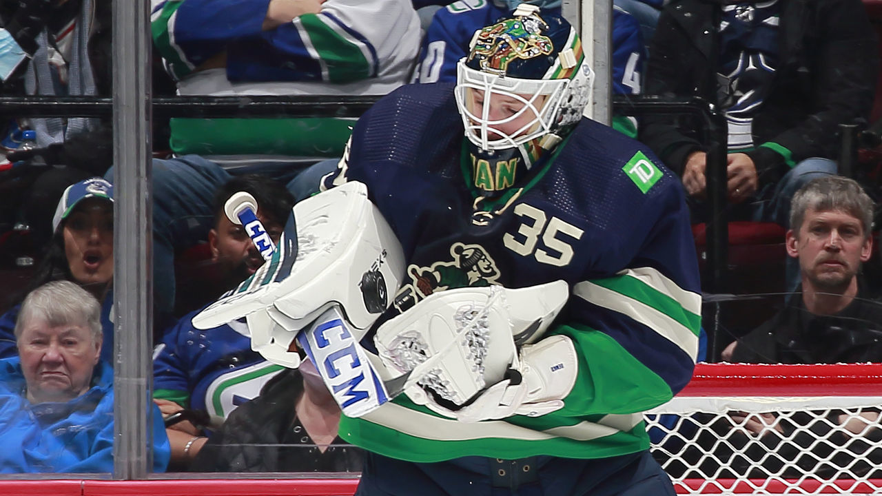 VANCOUVER, CANADA - NOVEMBER 21: Thatcher Demko #35 of the Vancouver Canucks makes a save during their NHL game against the Vegas Golden Knights at Rogers Arena November 21, 2022 in Vancouver, British Columbia, Canada.