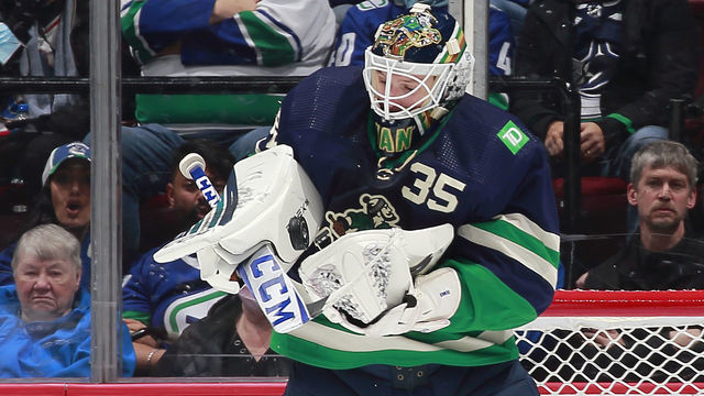VANCOUVER, CANADA - NOVEMBER 21: Thatcher Demko #35 of the Vancouver Canucks makes a save during their NHL game against the Vegas Golden Knights at Rogers Arena November 21, 2022 in Vancouver, British Columbia, Canada.